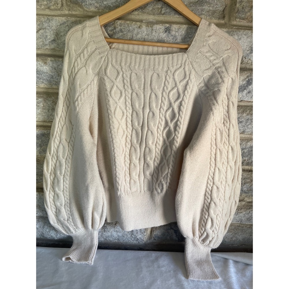 Cream Cable Knit Square Neck Puff Sleeve Sweater Ribbed Cuffs Cream Ivory